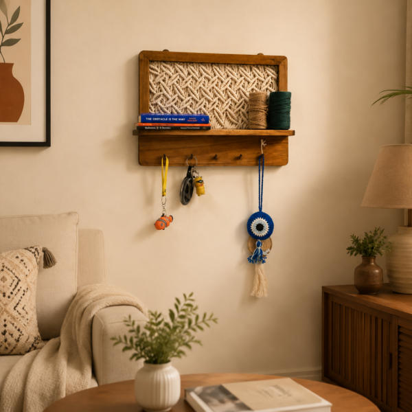 Handwoven Macramé Wall Shelf with Hooks